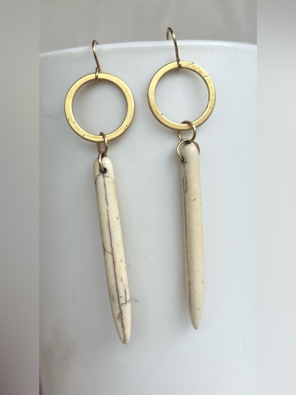 NWOT Artisan Brass Hoop Earrings with Cream Spike Dangles